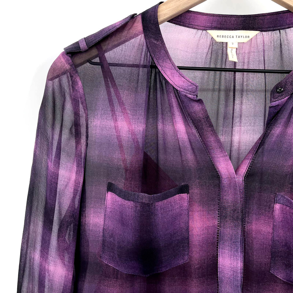 Rebecca Taylor Long Sleeve Plaid Ruffle Dress in Berry Size 2 Purple Black Sheer - Picture 9 of 16